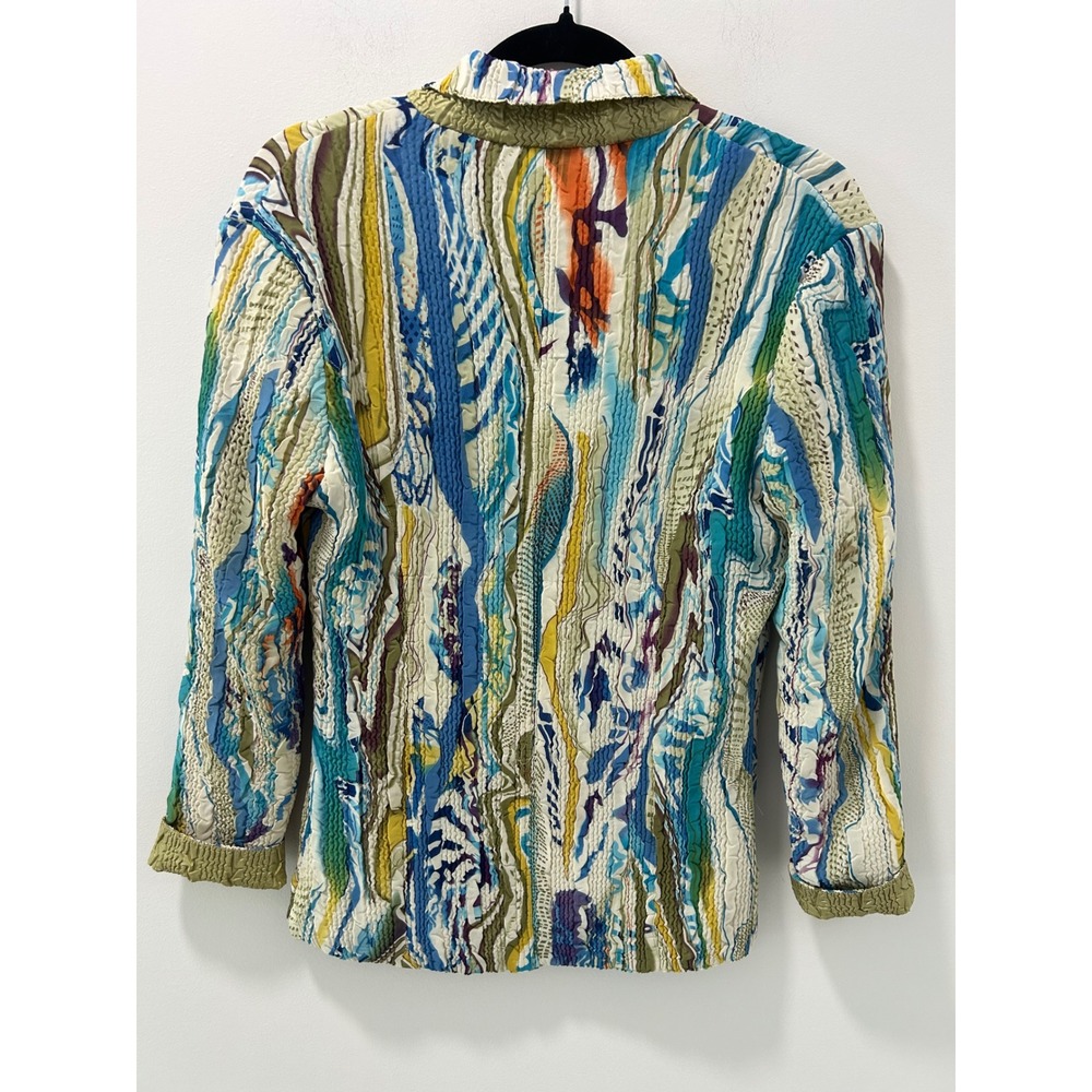 Reversible Abstract Print Crinkle Blazer Olive Green Textured Jacket Multi-Color - Picture 8 of 9